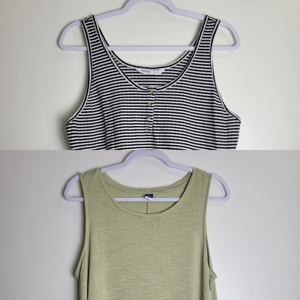 [LOTS OF‎ 2] Summer Black White Striped Sage Green Basic Tank Top XL / L